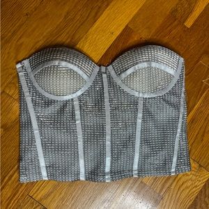 Silver Glitter Metallic Strapless Corset Lingerie Cropped Too Size Medium
